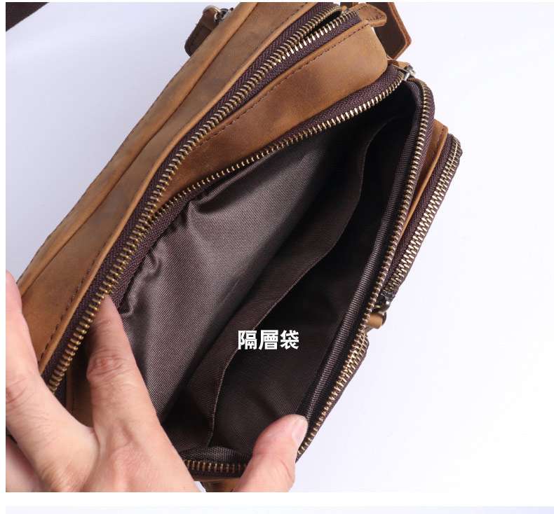 休閑真皮腰包 男多功能收銀背包 頭層牛皮大腰包 男士胸包瘋馬皮手機包生意老闆包 真皮包包