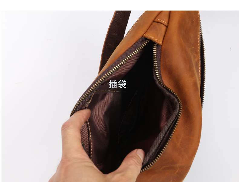 瘋馬皮胸包斜挎包 潮牌真皮男士胸包 頭層牛皮通勤休閑單肩包 百搭胸前包斜背包手機包 真皮包包