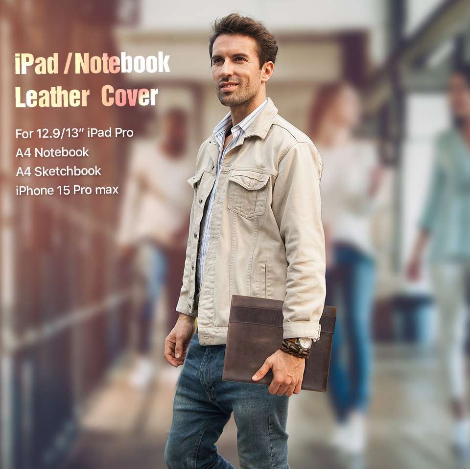 復古瘋馬皮A4紙筆記本封套 可放ipad12.9戶外旅行多功能記事本皮套手拿包RFID皮夾包 真皮包包