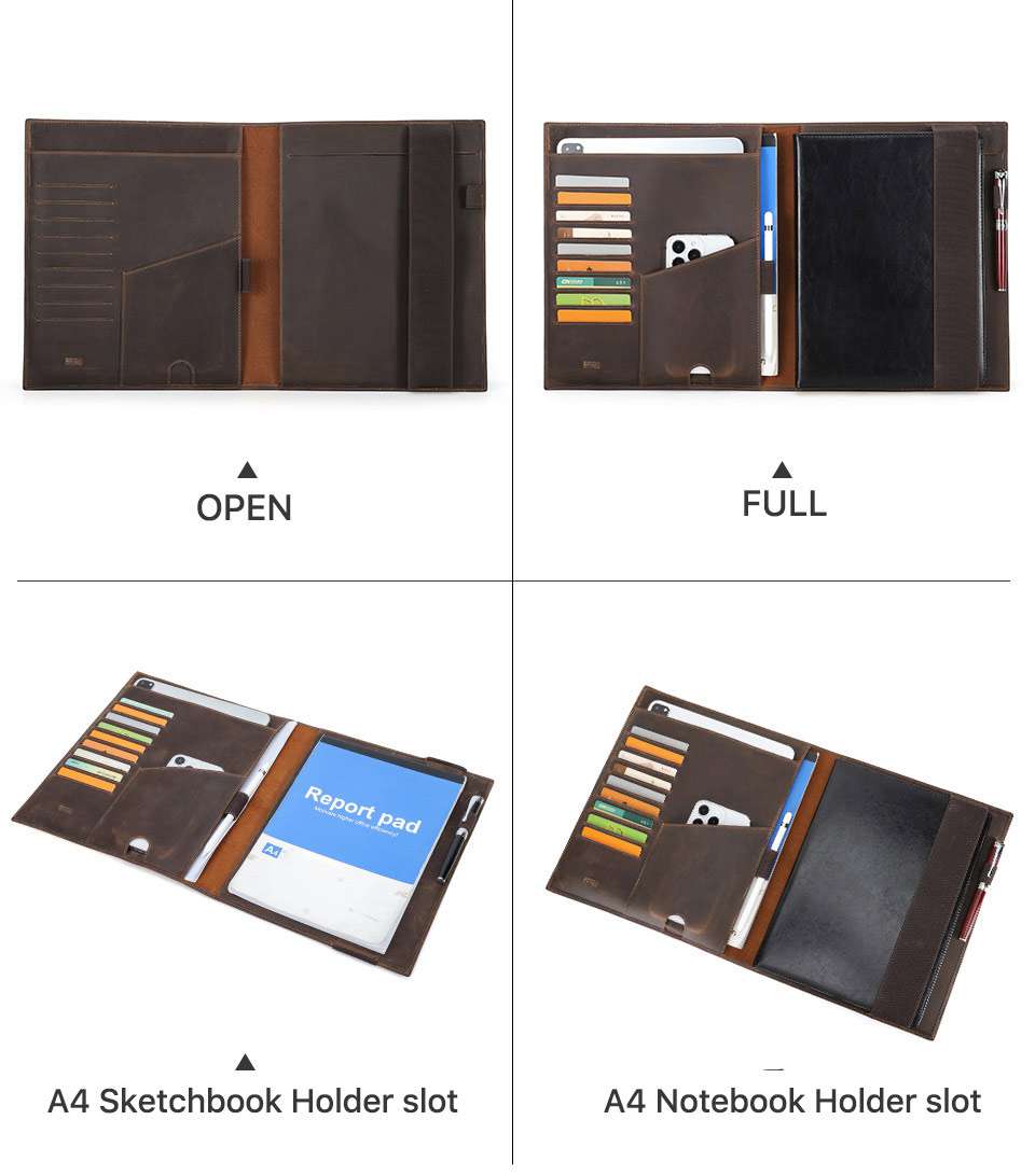 復古瘋馬皮A4紙筆記本封套 可放ipad12.9戶外旅行多功能記事本皮套手拿包RFID皮夾包 真皮包包
