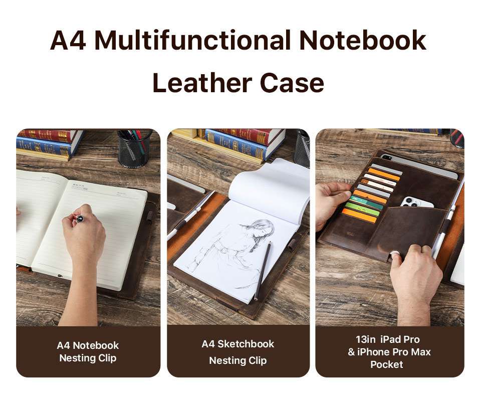 復古瘋馬皮A4紙筆記本封套 可放ipad12.9戶外旅行多功能記事本皮套手拿包RFID皮夾包 真皮包包