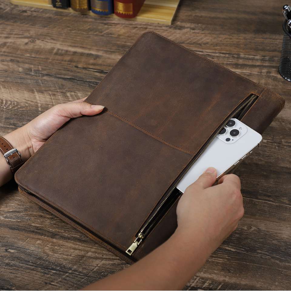 瘋馬皮A4筆記本書套 帶筆槽 可裝ipad 11寸多功能真皮拉鏈活頁手賬本手拿包真皮皮夾 真皮包包