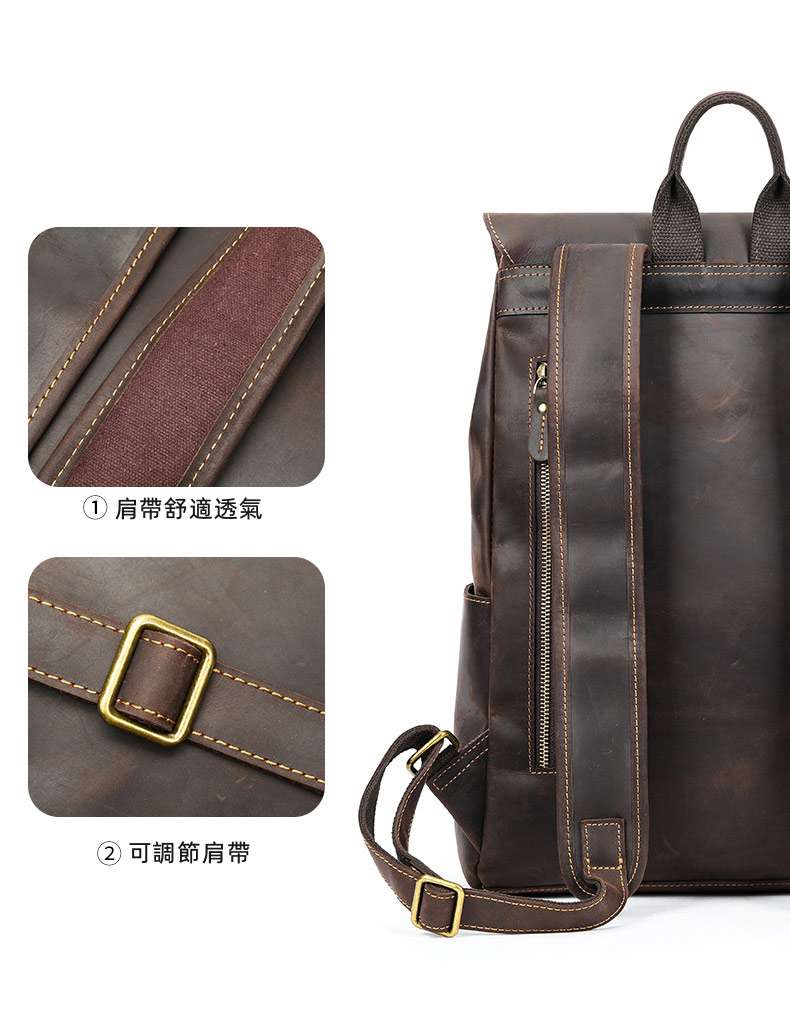 手工歐美新款復古後背包推薦 瘋馬皮雙肩包 高檔大容量休閑電腦背包 頭層牛皮男士雙肩背包  真皮包包