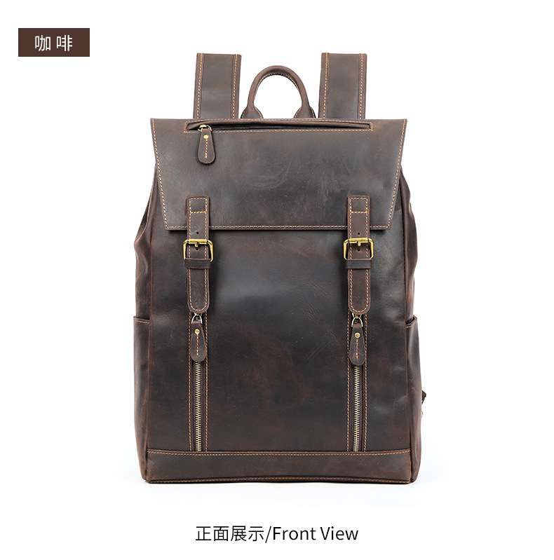 手工歐美新款復古後背包推薦 瘋馬皮雙肩包 高檔大容量休閑電腦背包 頭層牛皮男士雙肩背包  真皮包包