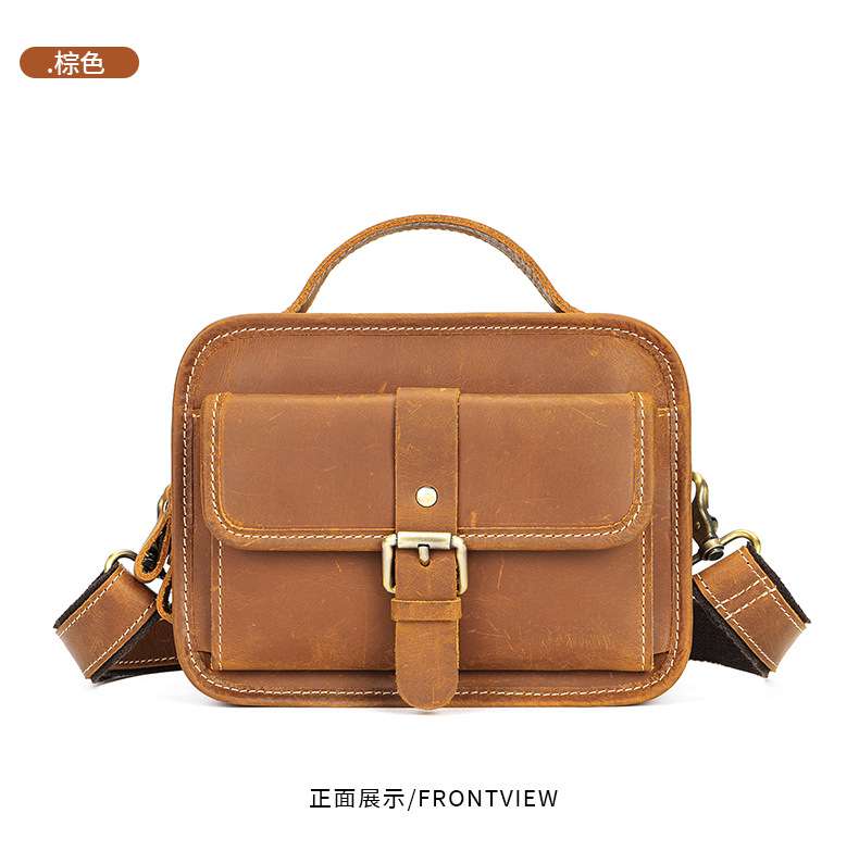 瘋馬皮男士斜挎包 真皮多功能斜背包手提包 休閑頭層牛皮歐美復古單肩包手袋肩背包 真皮包包