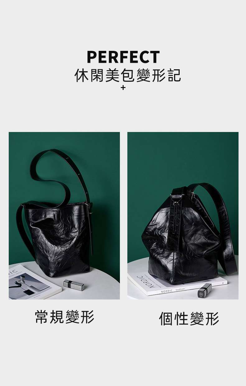 新款手抓變形慵懶舒適褶皺斜背包 頭層牛皮水桶包 女式高級感托特包真皮女包手提袋 真皮包包