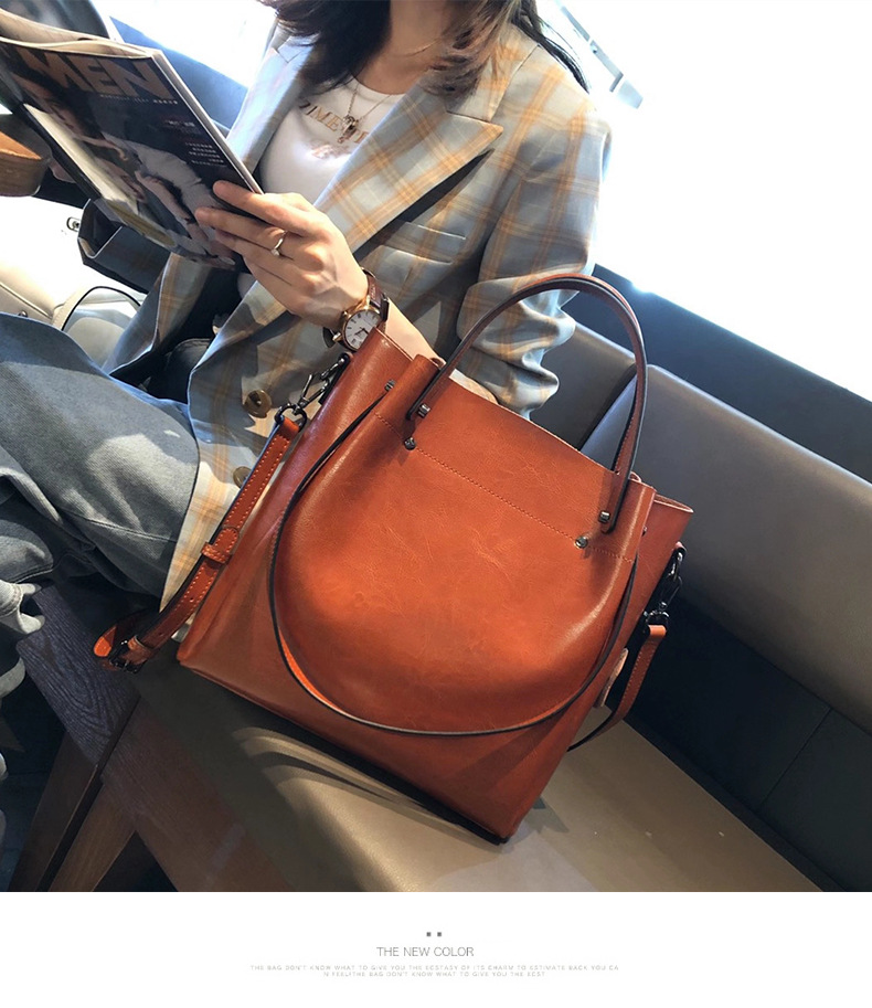 歐美時尚多功能手提包 高級感水桶包托特包真皮女包包 通勤大容量斜挎包單肩腋下包側背包 真皮包包