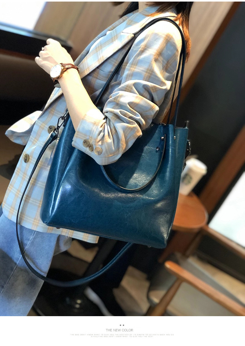 歐美時尚多功能手提包 高級感水桶包托特包真皮女包包 通勤大容量斜挎包單肩腋下包側背包 真皮包包