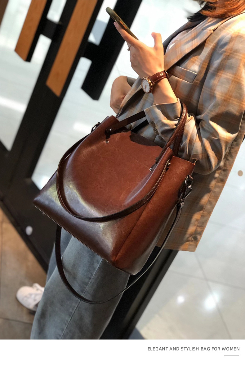 歐美時尚多功能手提包 高級感水桶包托特包真皮女包包 通勤大容量斜挎包單肩腋下包側背包 真皮包包