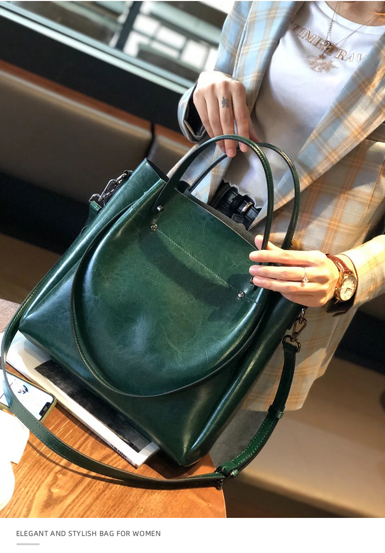 歐美時尚多功能手提包 高級感水桶包托特包真皮女包包 通勤大容量斜挎包單肩腋下包側背包 真皮包包