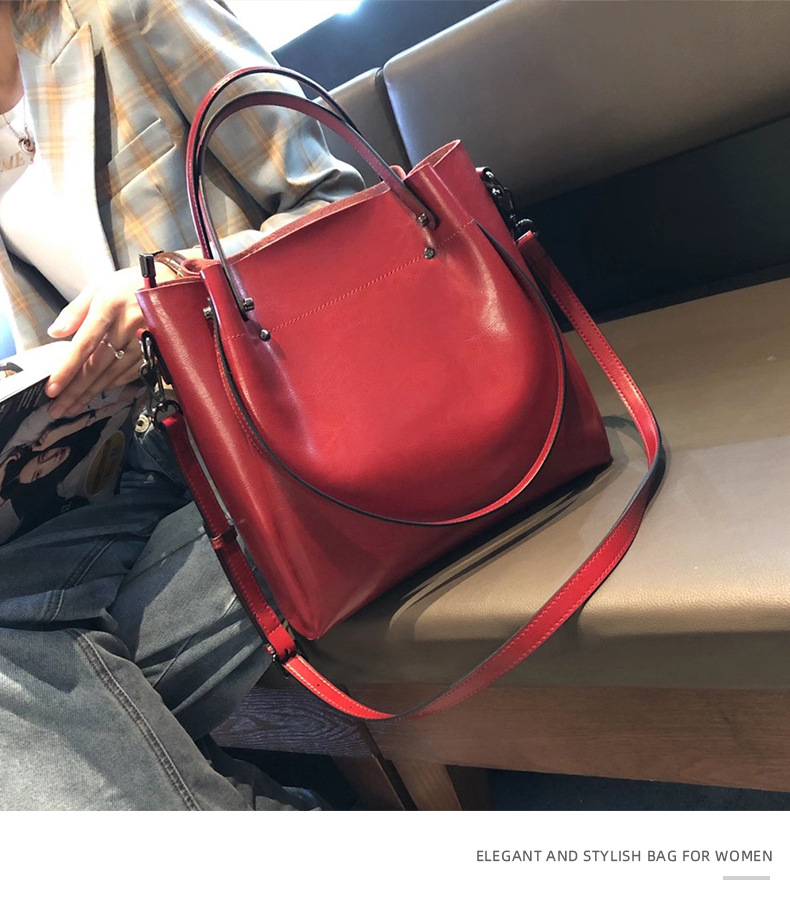 歐美時尚多功能手提包 高級感水桶包托特包真皮女包包 通勤大容量斜挎包單肩腋下包側背包 真皮包包