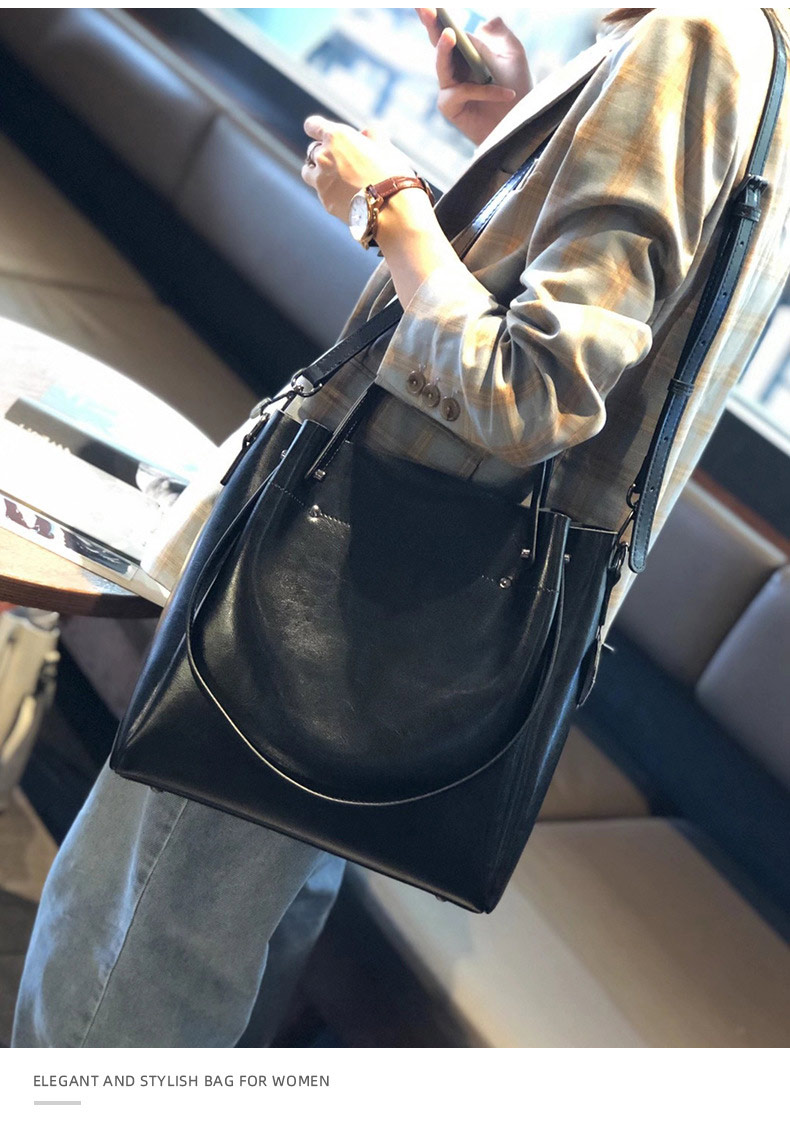 歐美時尚多功能手提包 高級感水桶包托特包真皮女包包 通勤大容量斜挎包單肩腋下包側背包 真皮包包