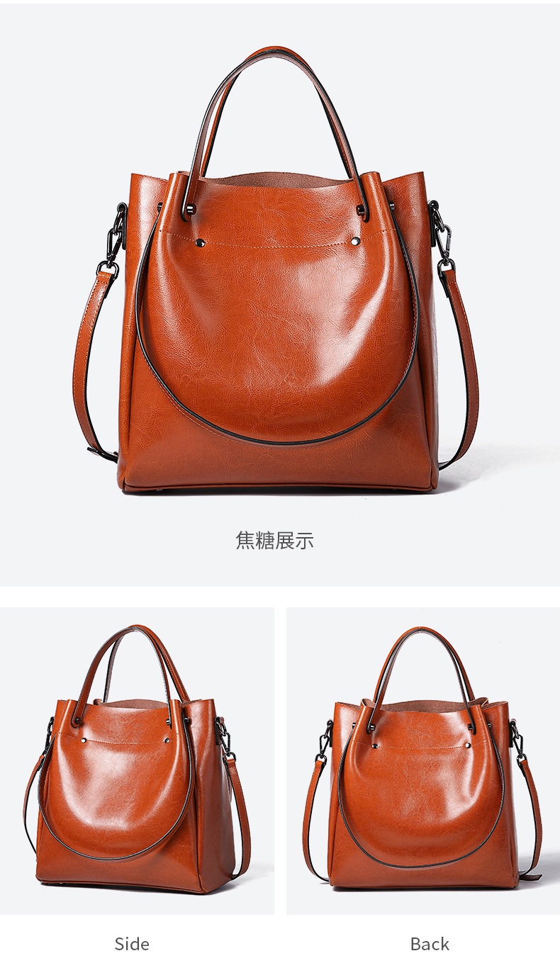 歐美時尚多功能手提包 高級感水桶包托特包真皮女包包 通勤大容量斜挎包單肩腋下包側背包 真皮包包