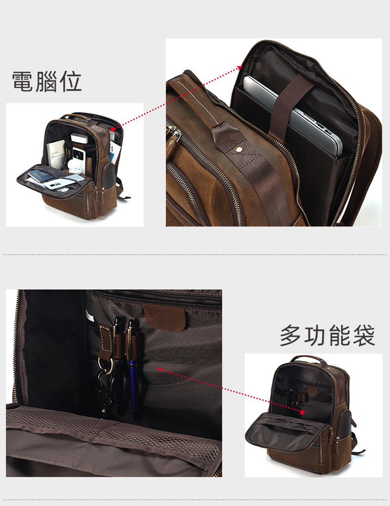大背包瘋馬皮後背包 男士高級感雙肩包 大容量商務15.6吋電腦背包休閑旅行包真皮男包推薦 真皮包包