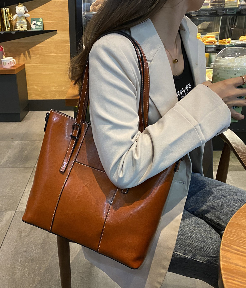 經典款油蠟牛皮托特包 大容量真皮單肩女包 牛皮休閑購物袋 女生公文包腋下包手袋推薦 真皮包包