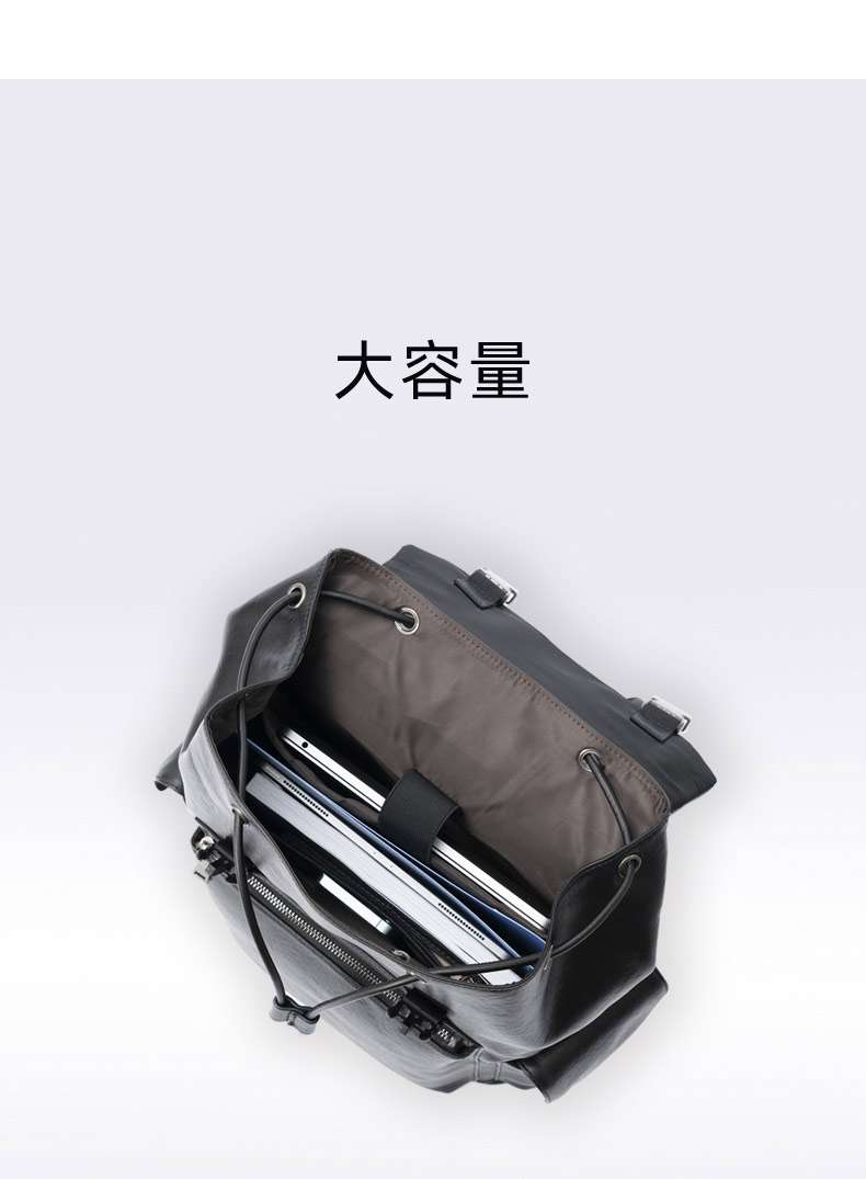 真皮男士休閑抽繩束口後背包 大容量雙肩包 時尚15.6吋電腦背包 商務擴容包包 植鞣皮旅行包推薦 真皮包包
