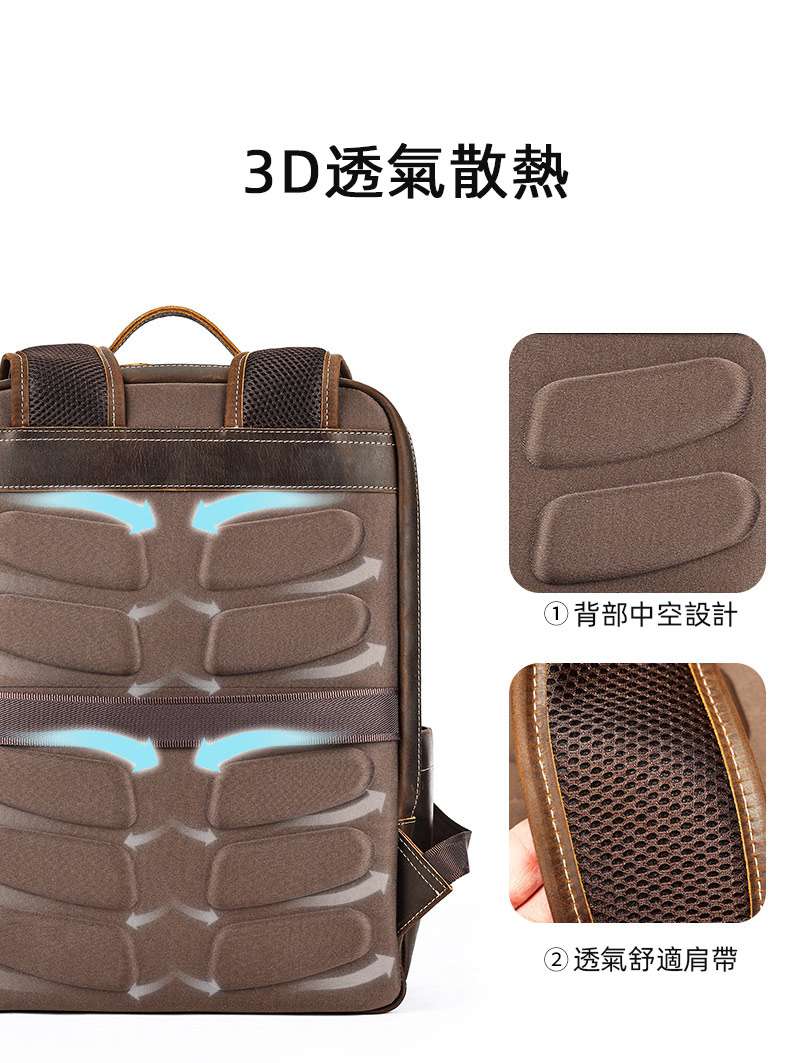 新款多功能瘋馬皮後背包 3D透氣雙肩包 商務男士真皮16吋電腦背包 頭層牛皮男款皮革大容量旅行背包推薦 真皮包包