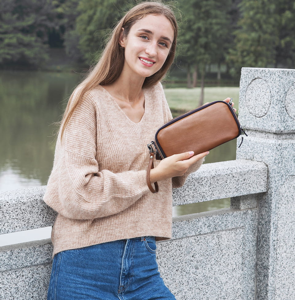 頭層牛皮多功能雙拉鏈女士斜挎包 時尚手袋真皮小方包斜背包 女款單肩包手拿包手機包推薦