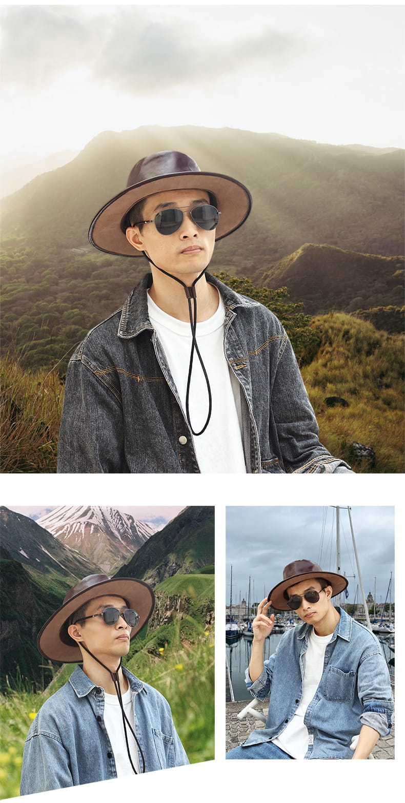 真皮男士牛仔帽 復古戶外登山防曬帽 爬山釣魚遮陽太陽帽子推薦 油蠟皮瘋馬皮帽子