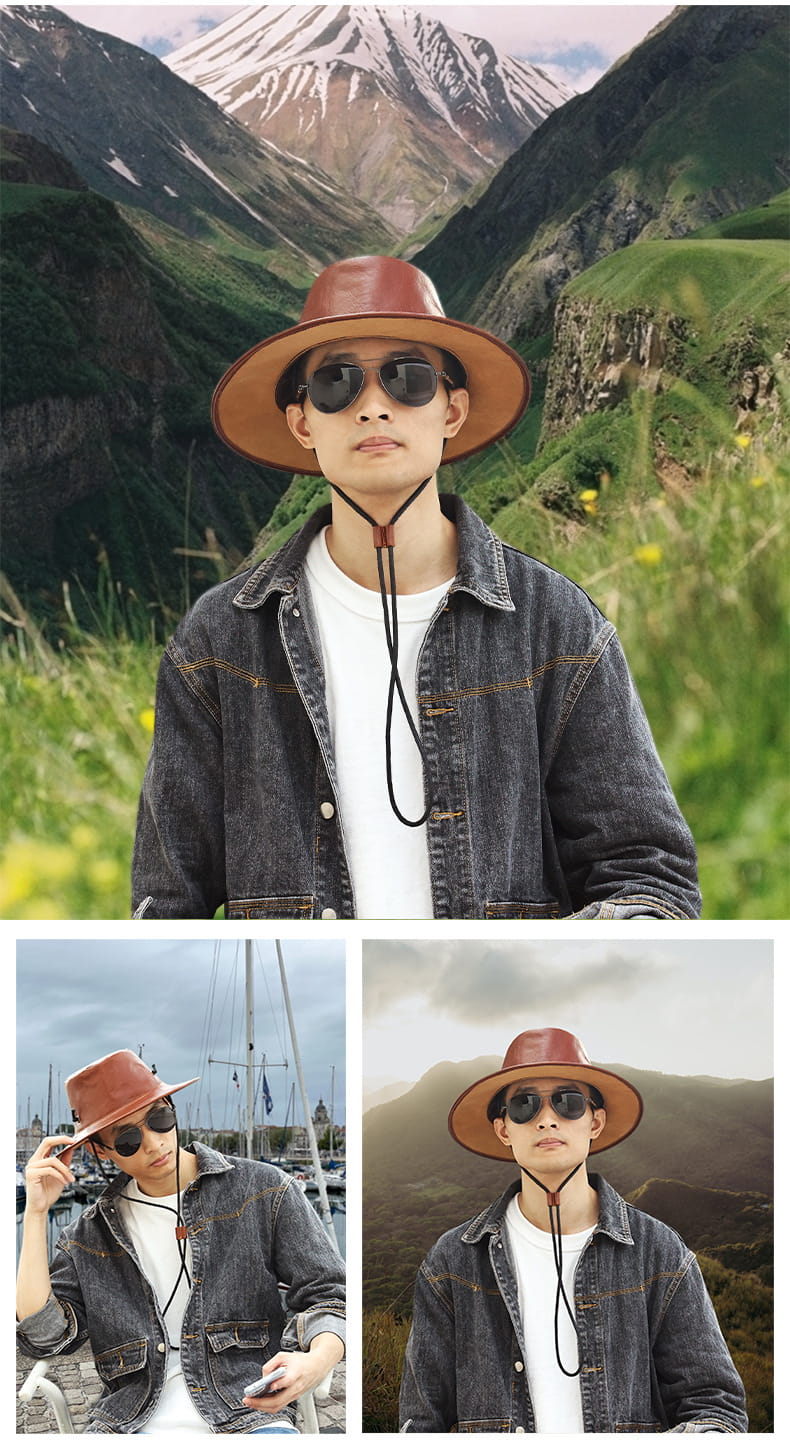 真皮男士牛仔帽 復古戶外登山防曬帽 爬山釣魚遮陽太陽帽子推薦 油蠟皮瘋馬皮帽子