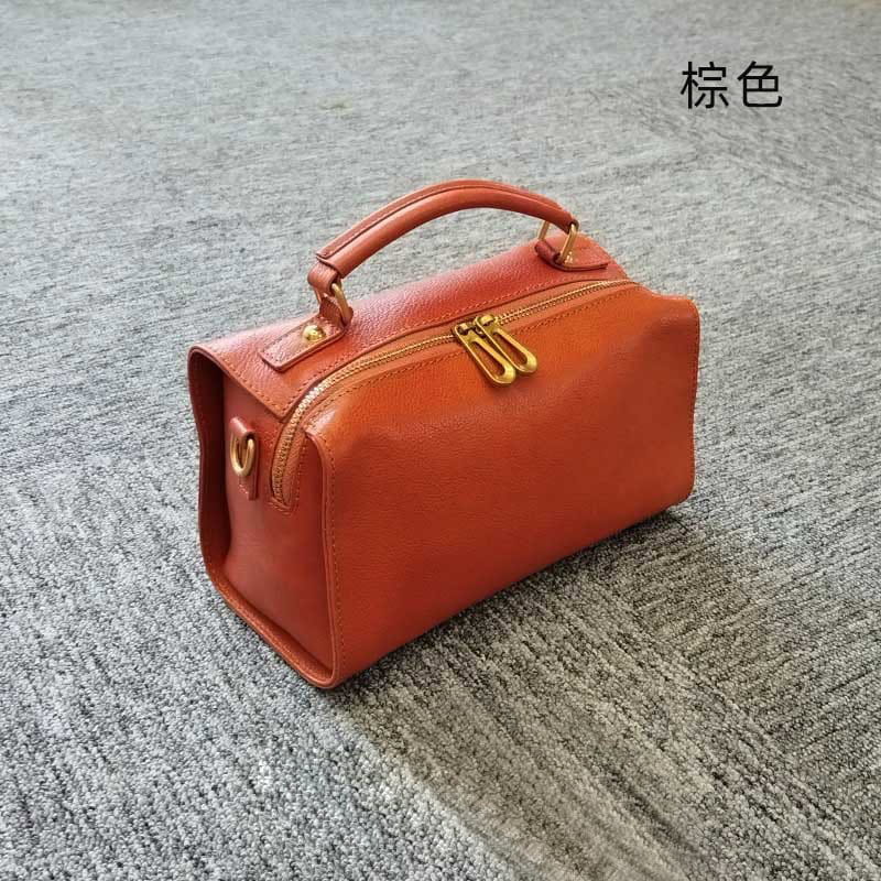 頭層牛皮女包 復古植鞣皮斜挎包 新款手提波士頓枕頭包 熱賣盒子包斜背包手袋推薦 