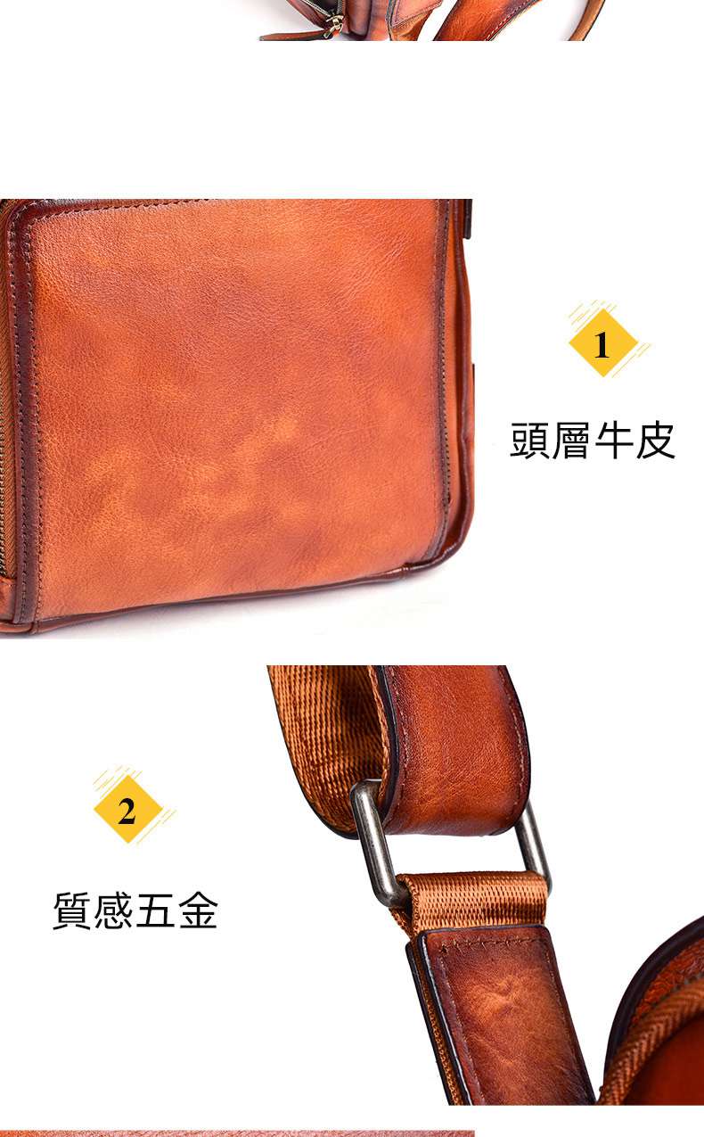 頭層植鞣牛皮復古斜背包 休閒男士斜挎包 多隔層男士包包 新款真皮側背包手提包推薦 真皮包包