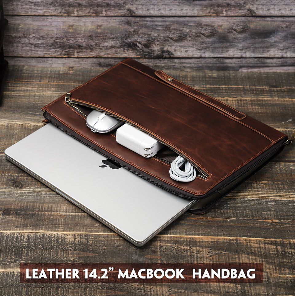 新款適用蘋果新款macbook pro 14.2吋保護套 瘋馬油皮手腕拉鏈電腦包皮夾手拿包推薦 真皮包包