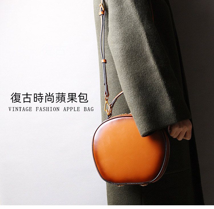 復古時尚蘋果包牛皮包包 新款真皮女包 單肩斜挎包手提包時尚小圓包 女式斜背包推薦 真皮包包