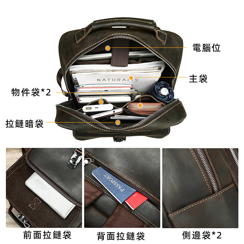 瘋馬皮真皮14吋電腦雙肩包 男款休閒通勤頭層牛皮後背包 高級感男士雙肩背包旅行包推薦 真皮包包