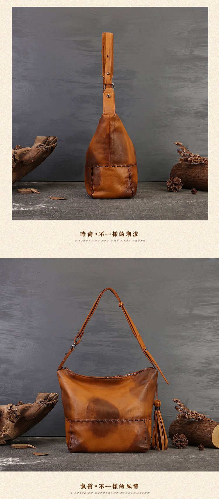 歐美復古流蘇手工女包 新款大容量真皮托特包 做舊斜背包 高級感通勤單肩腋下包包女包推薦 真皮包包