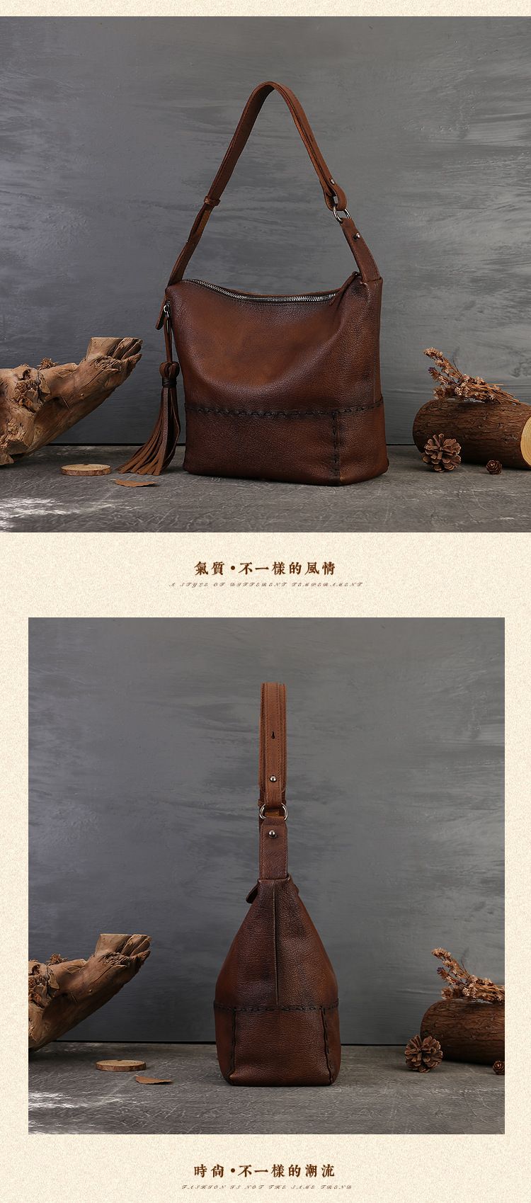 歐美復古流蘇手工女包 新款大容量真皮托特包 做舊斜背包 高級感通勤單肩腋下包包女包推薦 真皮包包