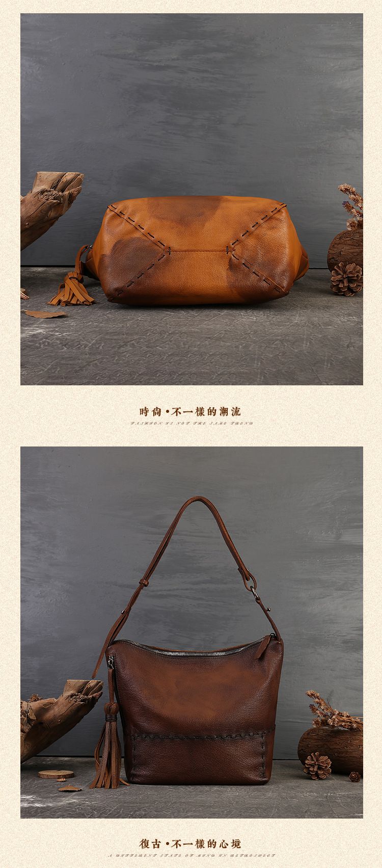 歐美復古流蘇手工女包 新款大容量真皮托特包 做舊斜背包 高級感通勤單肩腋下包包女包推薦 真皮包包