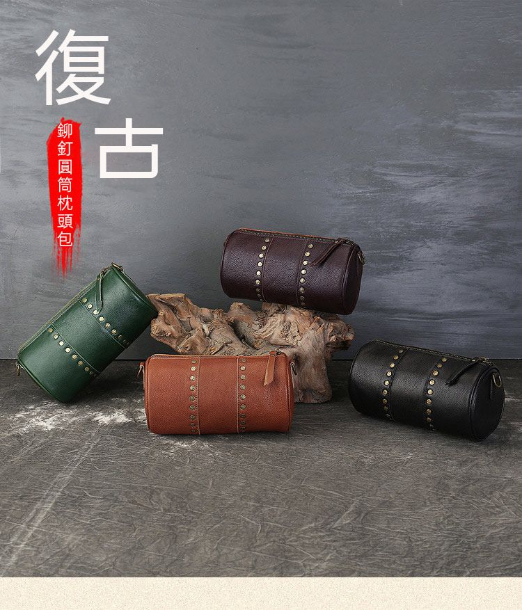 新款鉚釘圓筒包 復古植鞣牛皮枕頭包 小眾設計頭層牛皮單肩斜跨包 真皮斜背包推薦 真皮包包
