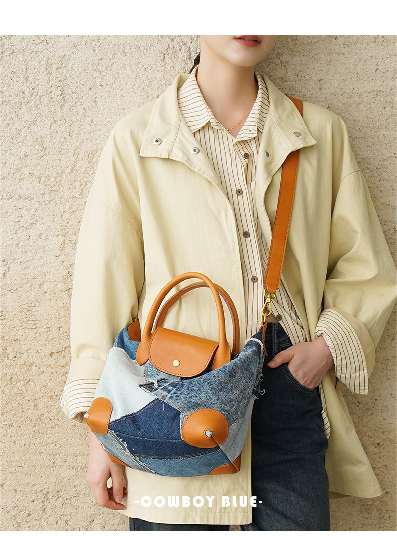 新款牛仔布拼接植鞣皮單肩包 樹膏皮斜背包 真皮女士手提包 通勤時尚女包手袋推薦 真皮包包