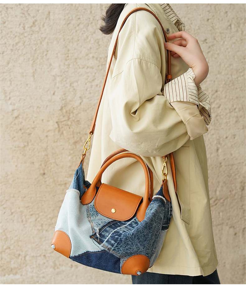 新款牛仔布拼接植鞣皮單肩包 樹膏皮斜背包 真皮女士手提包 通勤時尚女包手袋推薦 真皮包包