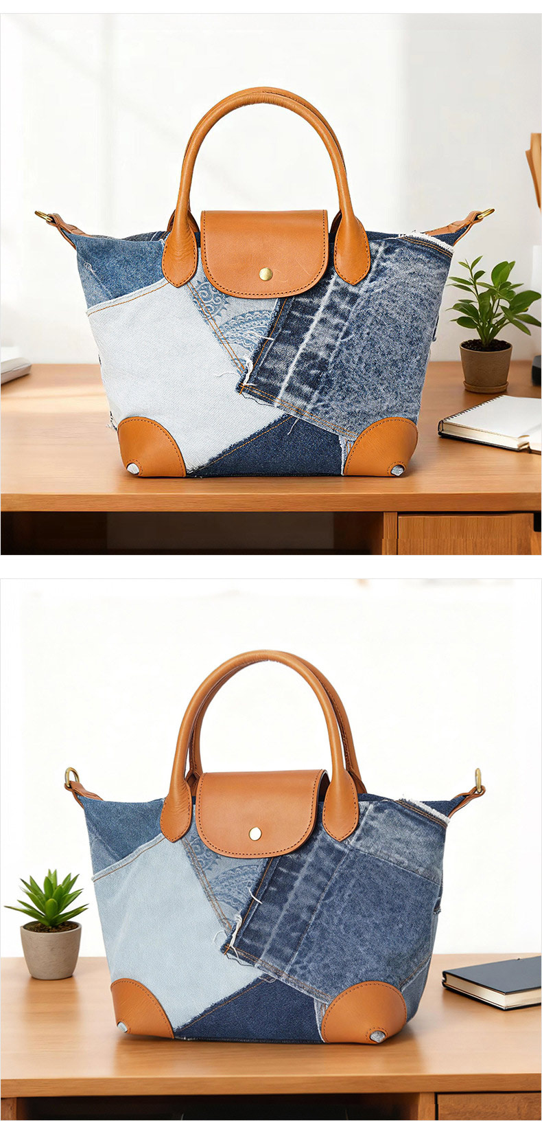 新款牛仔布拼接植鞣皮單肩包 樹膏皮斜背包 真皮女士手提包 通勤時尚女包手袋推薦 真皮包包