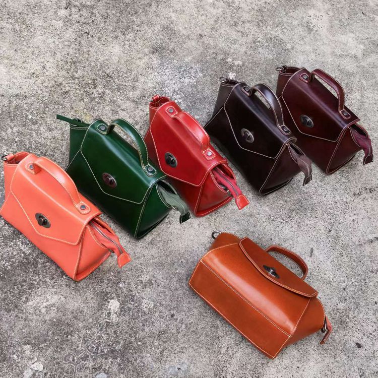 新款植鞣皮女包 樹膏皮時尚撞色單肩包 復古頭層牛皮斜挎包 休閒女式斜背包推薦 真皮包包