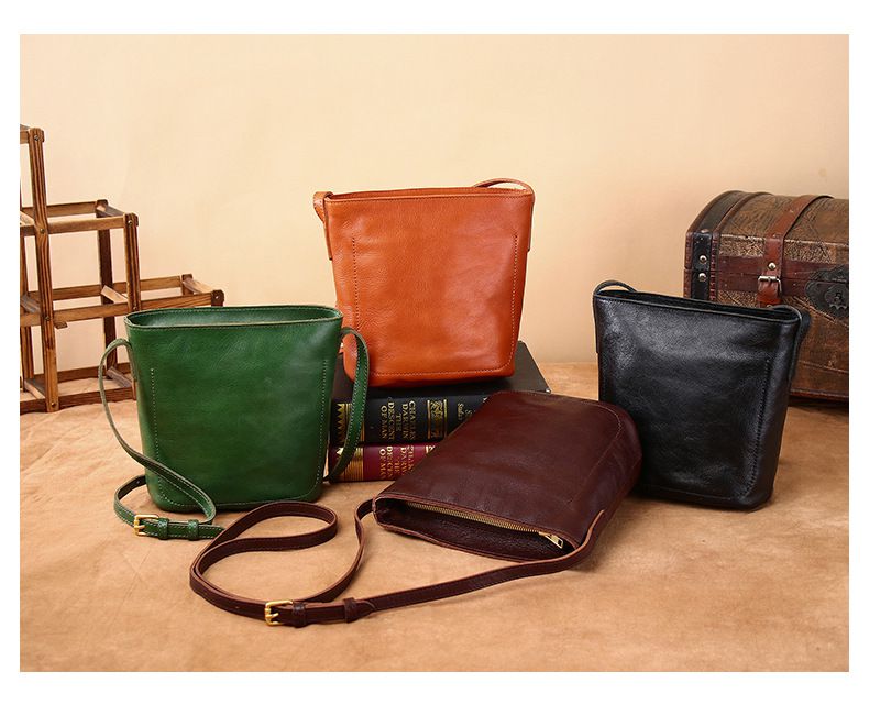 植鞣牛皮簡約復古水桶包 真皮百搭休閒單肩背包 高級感斜挎包女包斜背包推薦 真皮包包