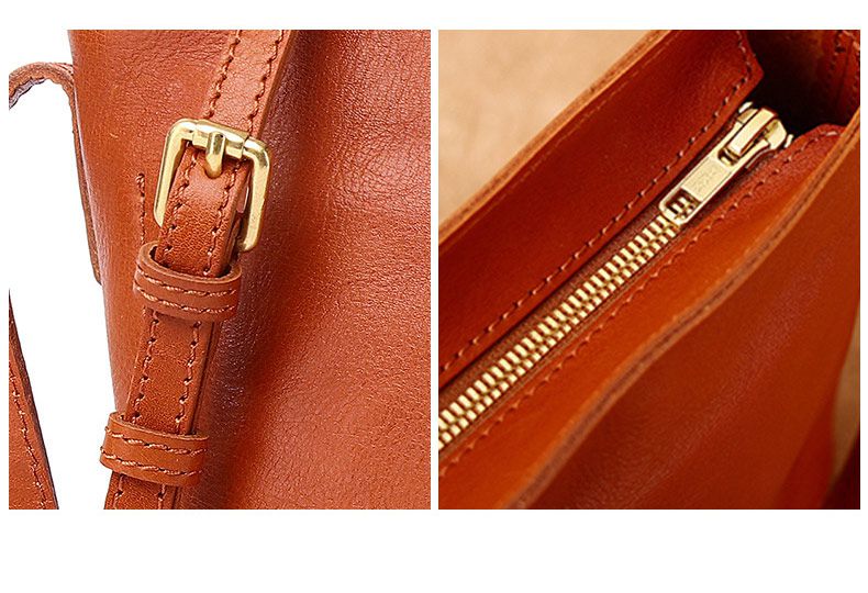 植鞣牛皮簡約復古水桶包 真皮百搭休閒單肩背包 高級感斜挎包女包斜背包推薦 真皮包包