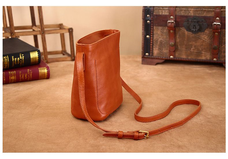 植鞣牛皮簡約復古水桶包 真皮百搭休閒單肩背包 高級感斜挎包女包斜背包推薦 真皮包包