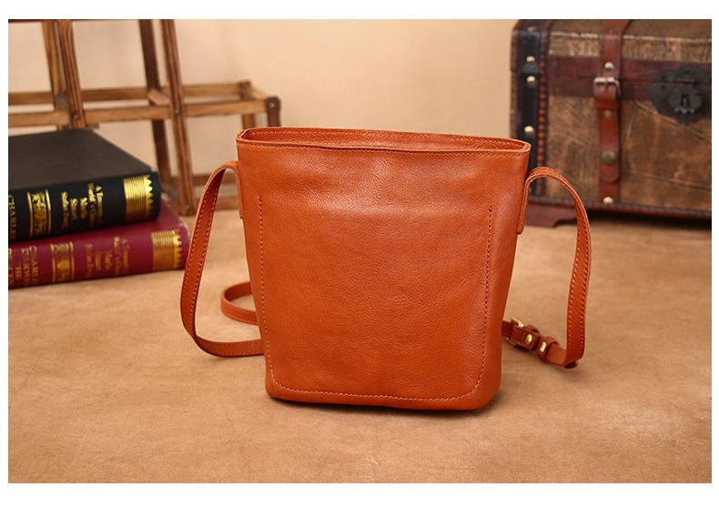 植鞣牛皮簡約復古水桶包 真皮百搭休閒單肩背包 高級感斜挎包女包斜背包推薦 真皮包包