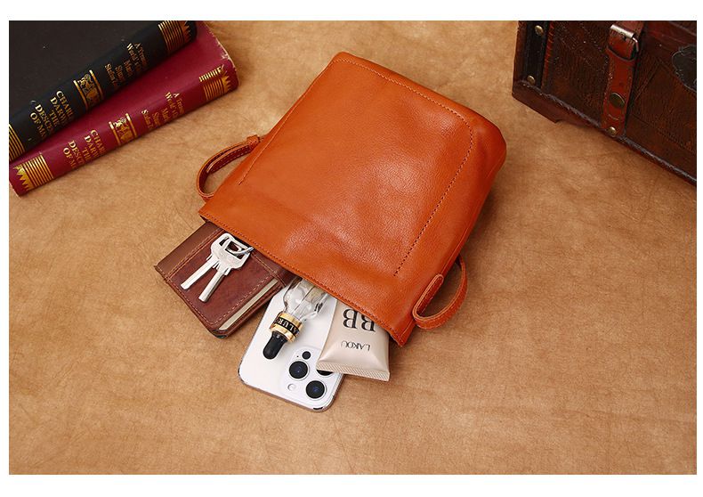 植鞣牛皮簡約復古水桶包 真皮百搭休閒單肩背包 高級感斜挎包女包斜背包推薦 真皮包包