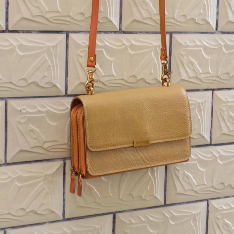 新款復古植鞣皮雙拉鏈小方包 女士斜挎包 頭層牛皮斜背包 翻蓋牛皮單肩包推薦 真皮包包