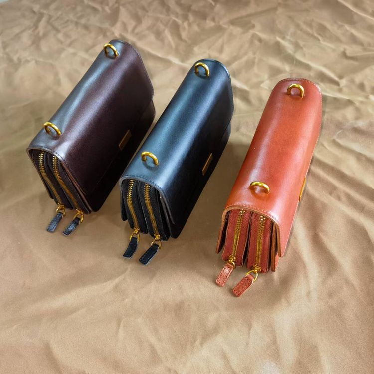 新款復古植鞣皮雙拉鏈小方包 女士斜挎包 頭層牛皮斜背包 翻蓋牛皮單肩包推薦 真皮包包