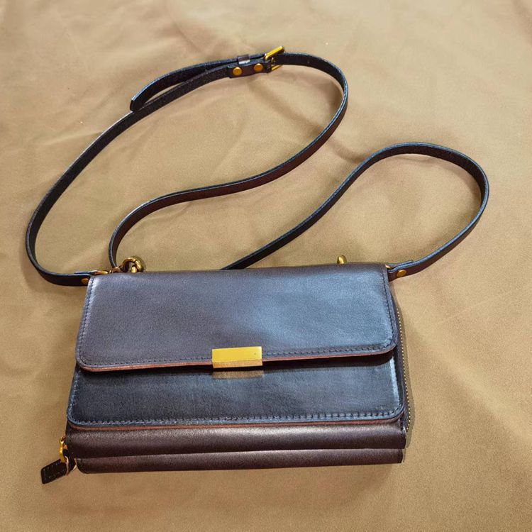 新款復古植鞣皮雙拉鏈小方包 女士斜挎包 頭層牛皮斜背包 翻蓋牛皮單肩包推薦 真皮包包