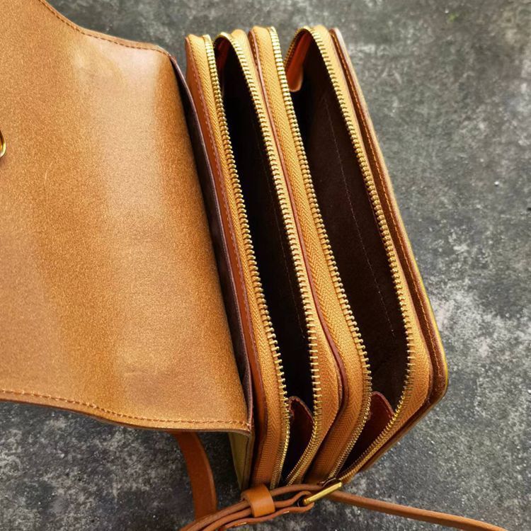 新款復古植鞣皮雙拉鏈小方包 女士斜挎包 頭層牛皮斜背包 翻蓋牛皮單肩包推薦 真皮包包