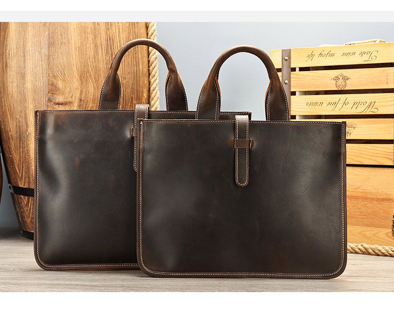 大小號瘋馬皮男士手提包 橫款男包公文包 英倫復古頭層牛皮文件袋 新款公事包推薦 真皮包包