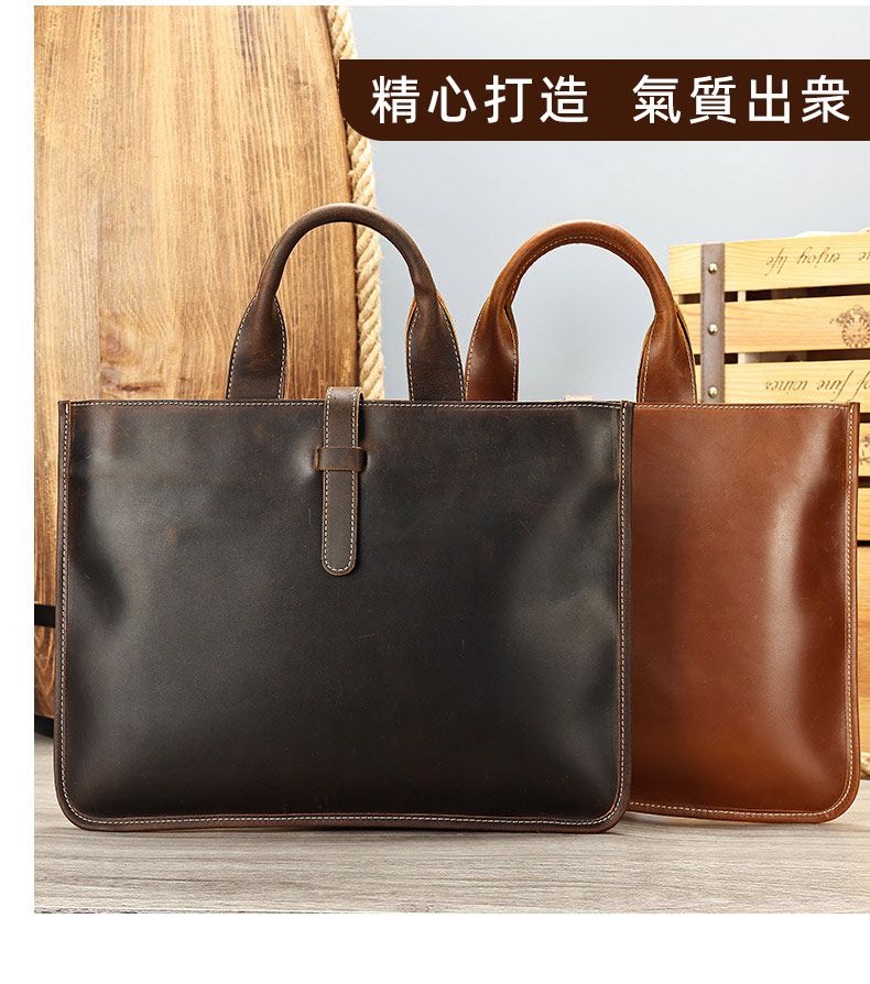 大小號瘋馬皮男士手提包 橫款男包公文包 英倫復古頭層牛皮文件袋 新款公事包推薦 真皮包包