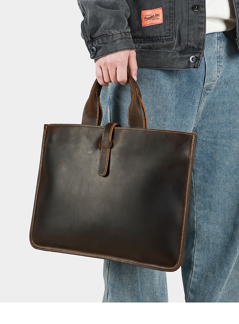 大小號瘋馬皮男士手提包 橫款男包公文包 英倫復古頭層牛皮文件袋 新款公事包推薦 真皮包包