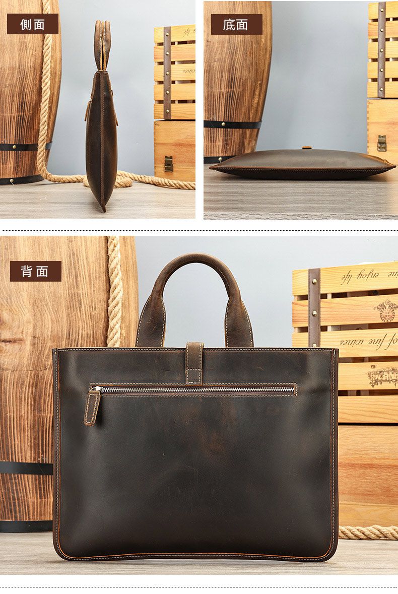 大小號瘋馬皮男士手提包 橫款男包公文包 英倫復古頭層牛皮文件袋 新款公事包推薦 真皮包包